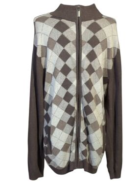 Size L Pierre Cardin Brown Argyle Zip-Front Men's Sweater